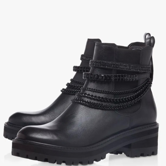 NEW Dune London Puzzel Leather Embellished Chain Ankle Boots Black - Picture 2 of 11